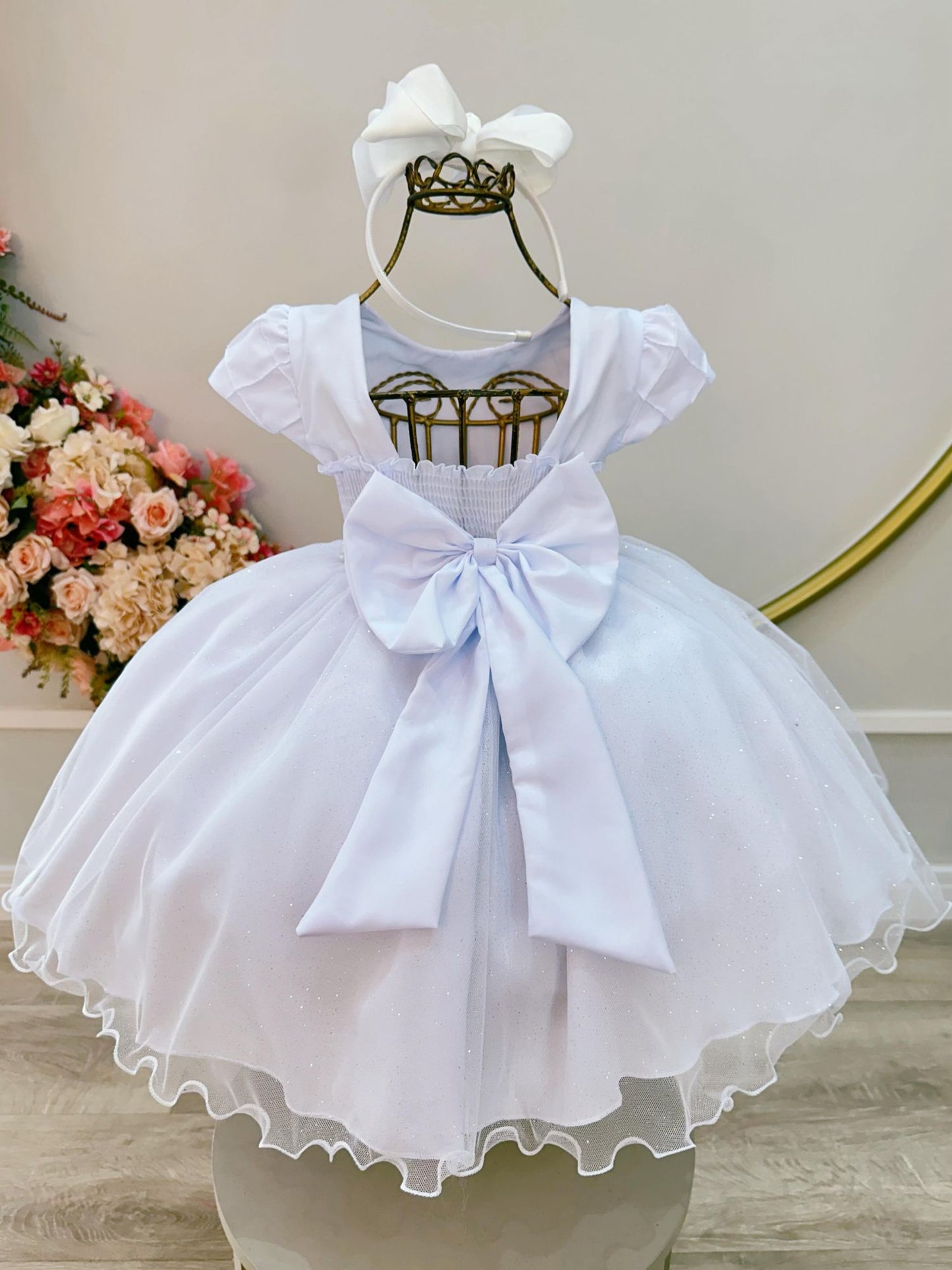 Vestido Infantil Branco Busto Nervura Festas Daminhas