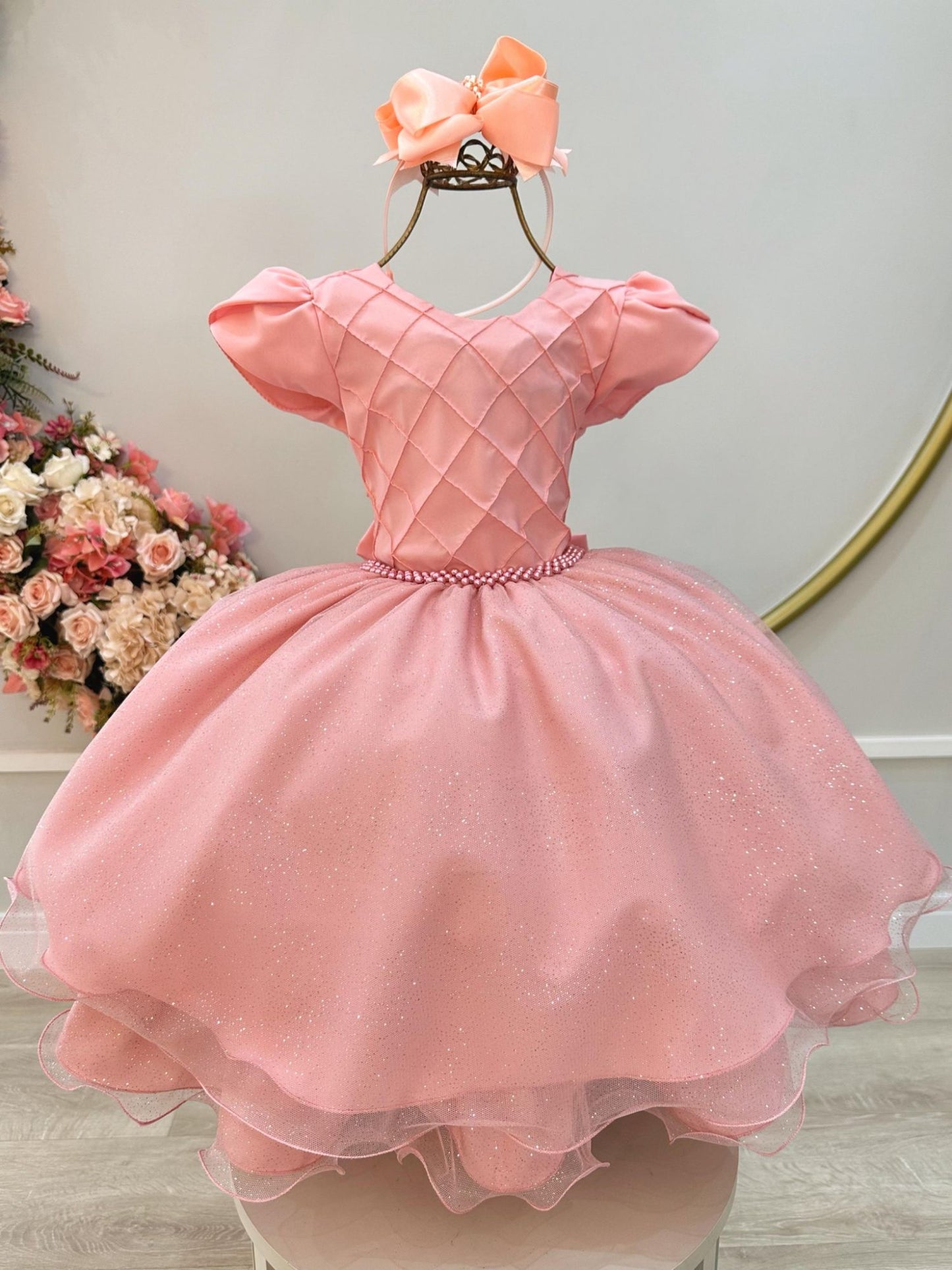 Vestido Infantil Salmão C/ Busto Nervura Festas Daminhas