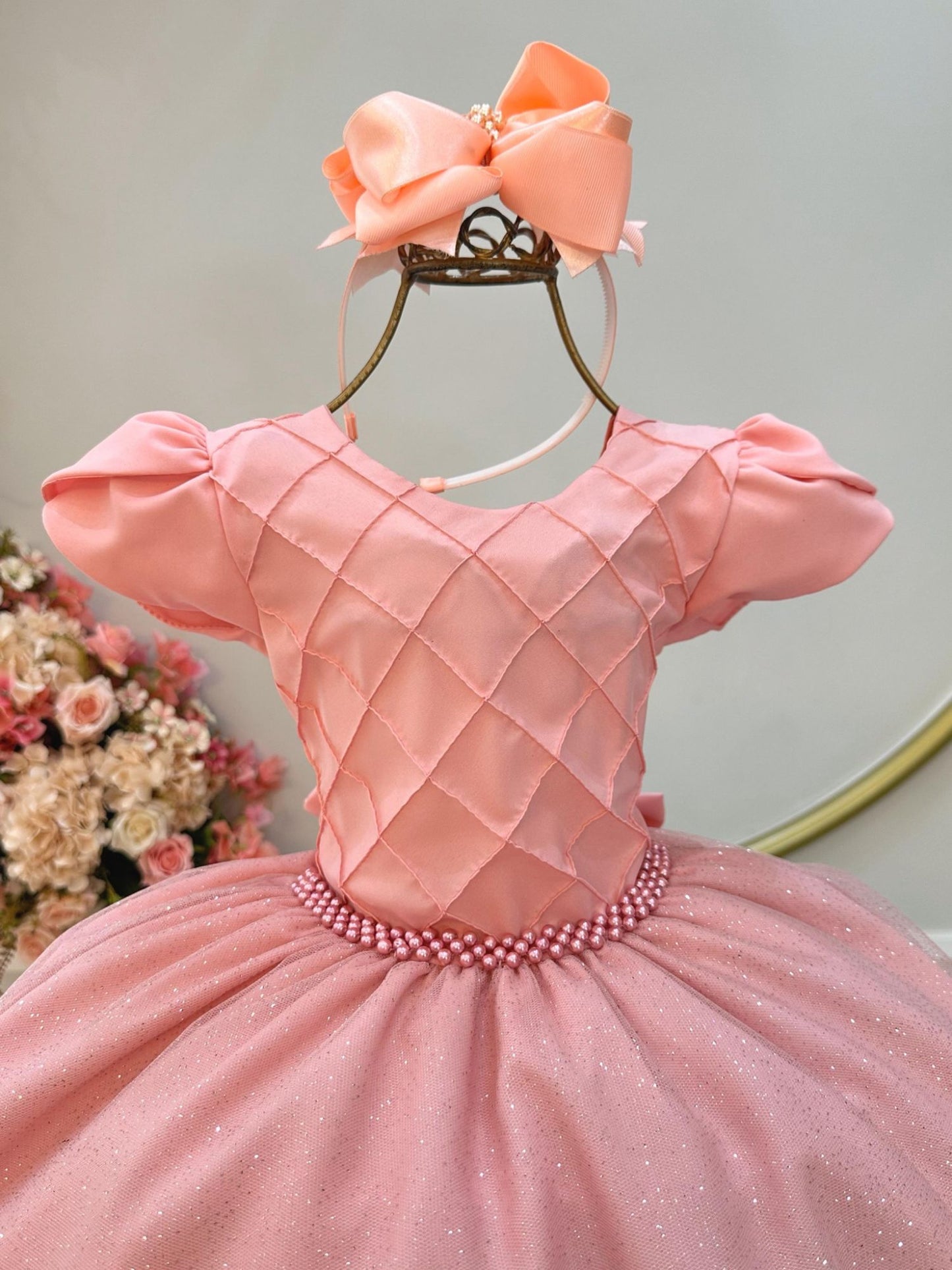 Vestido Infantil Salmão C/ Busto Nervura Festas Daminhas