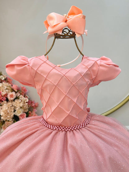 Vestido Infantil Salmão C/ Busto Nervura Festas Daminhas