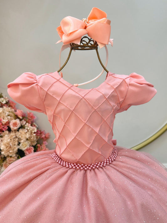 Vestido Infantil Salmão C/ Busto Nervura Festas Daminhas