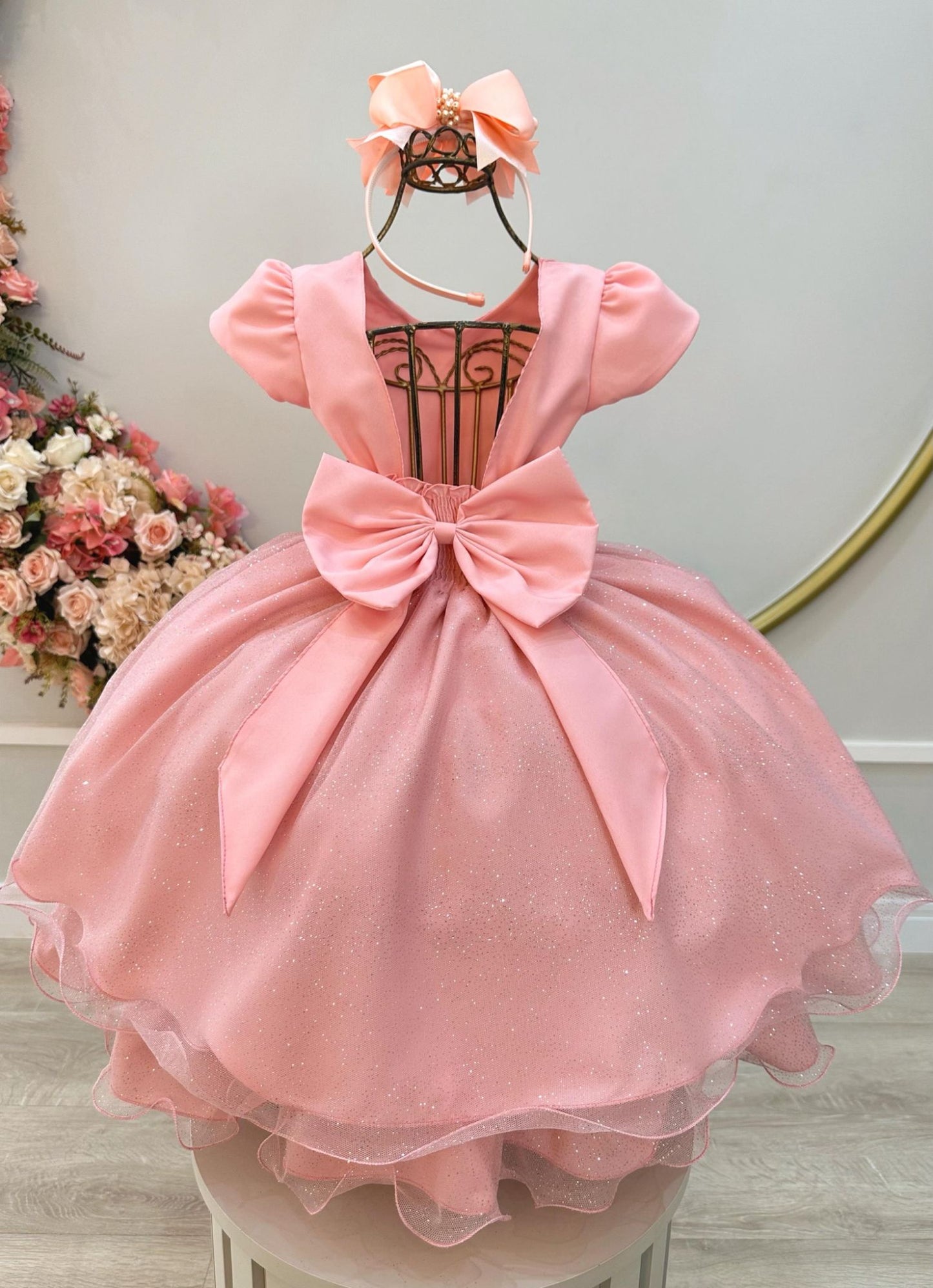 Vestido Infantil Salmão C/ Busto Nervura Festas Daminhas