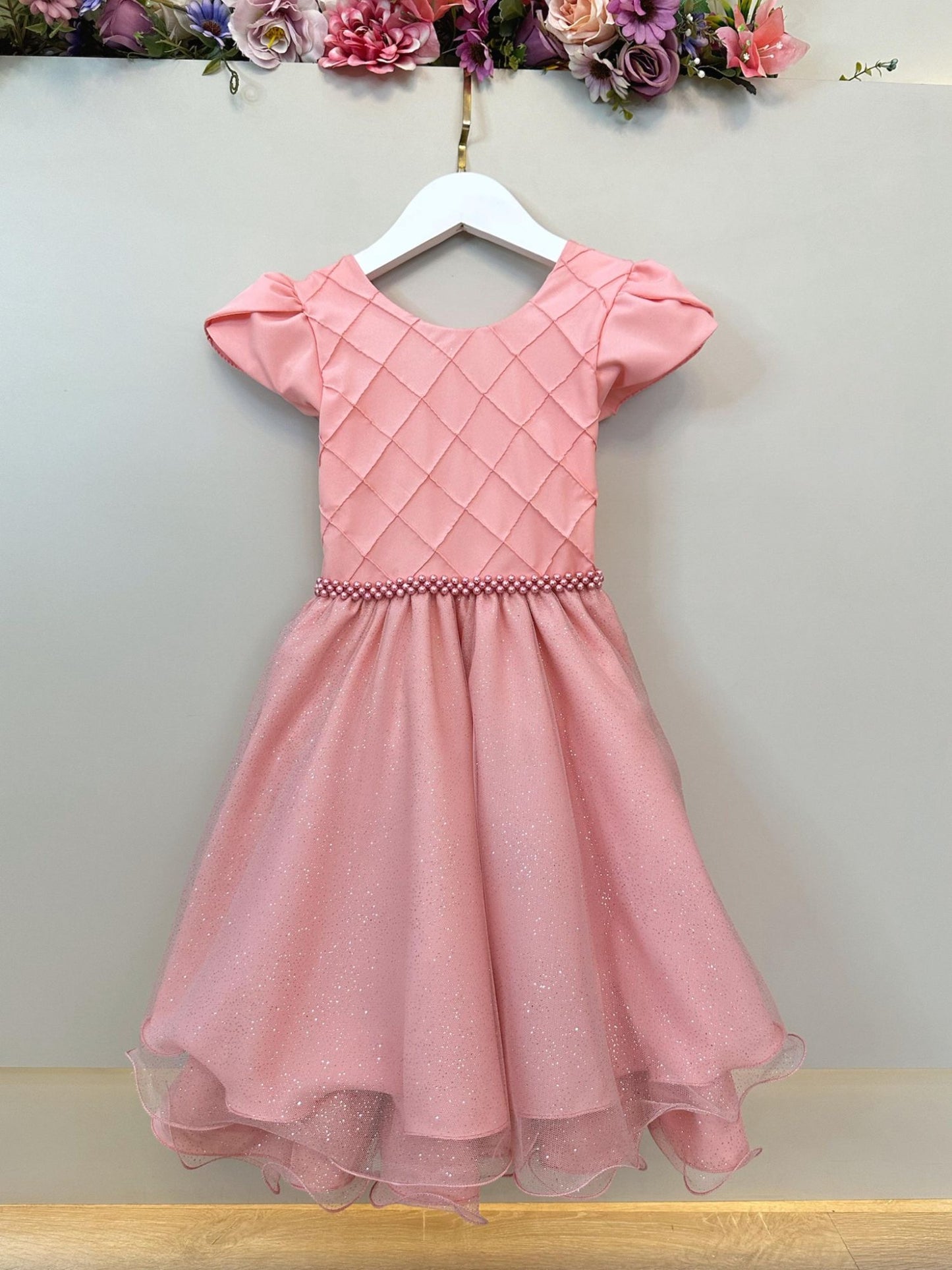 Vestido Infantil Salmão C/ Busto Nervura Festas Daminhas