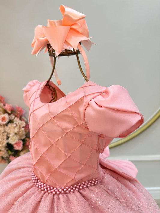Vestido Infantil Salmão C/ Busto Nervura Festas Daminhas