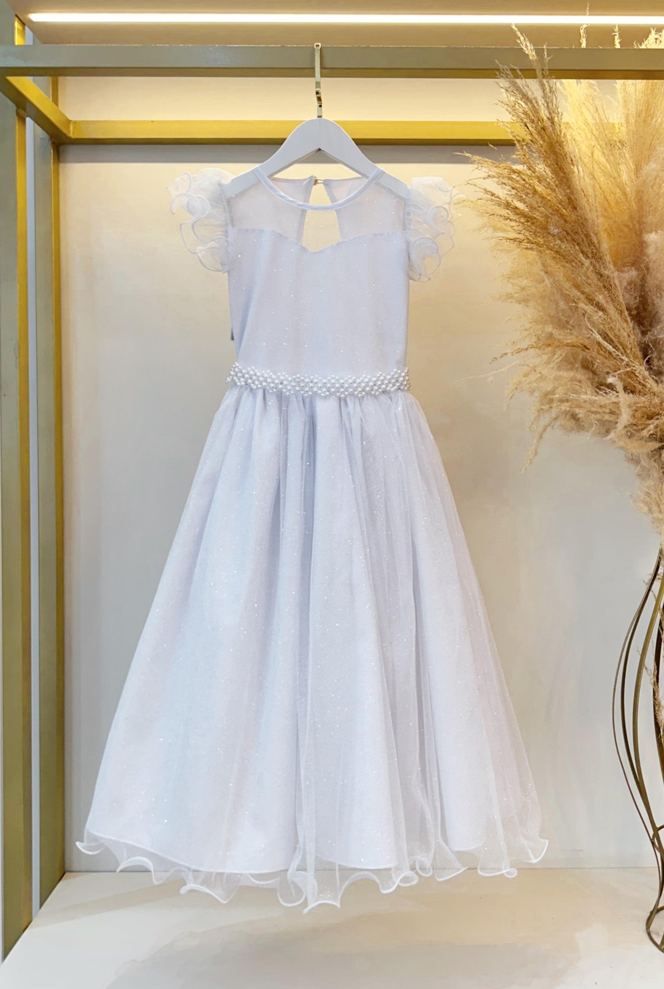 Vestido Infantil Longo Branco Daminhas de Honra C/ Glitter