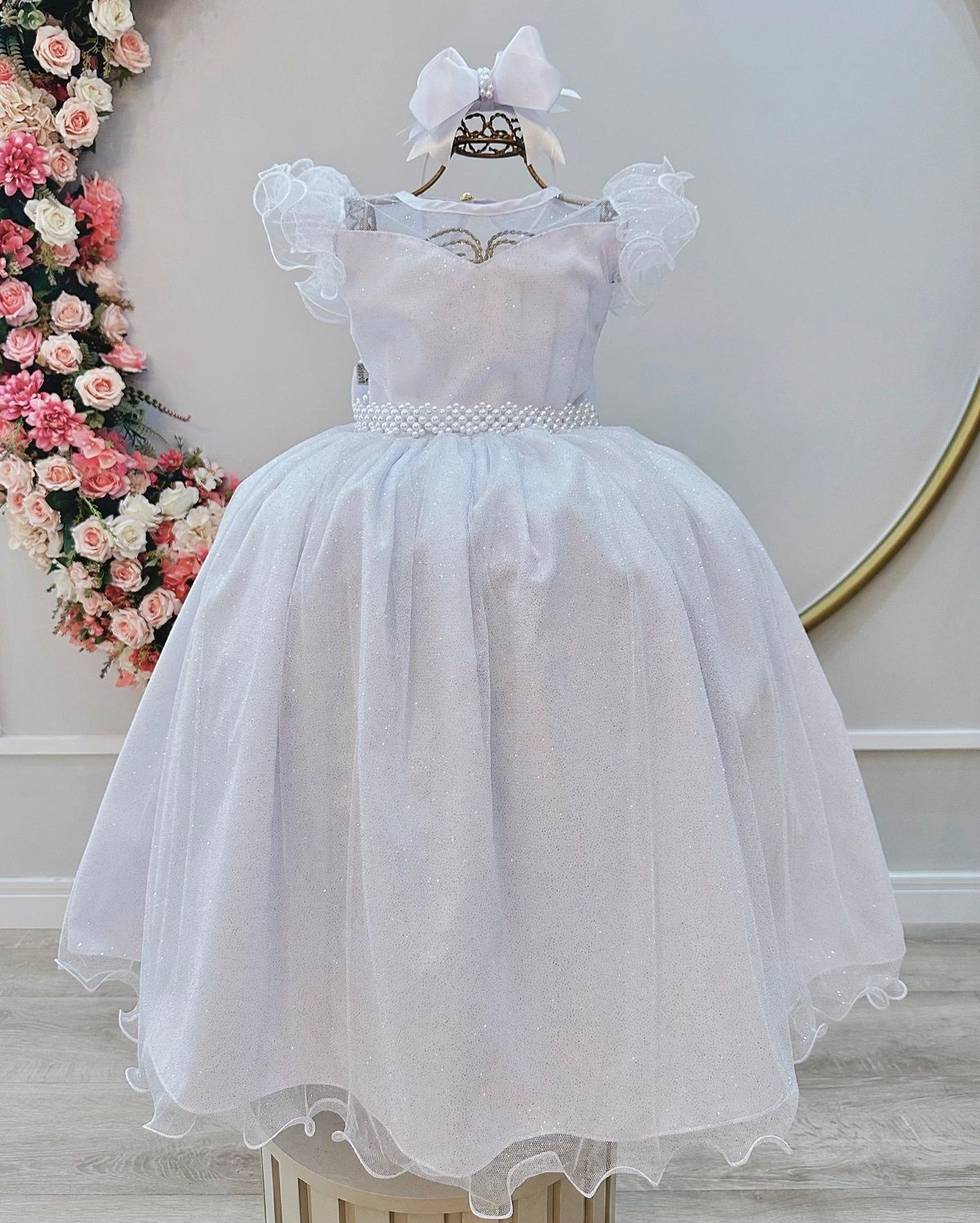 Vestido Infantil Longo Branco Daminhas de Honra C/ Glitter