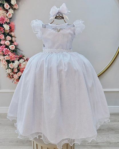 Vestido Infantil Longo Branco Daminhas de Honra C/ Glitter