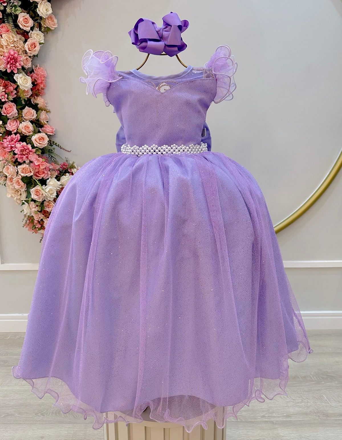 Vestido Infantil Longo Lilás Daminhas de Honra C/ Glitter