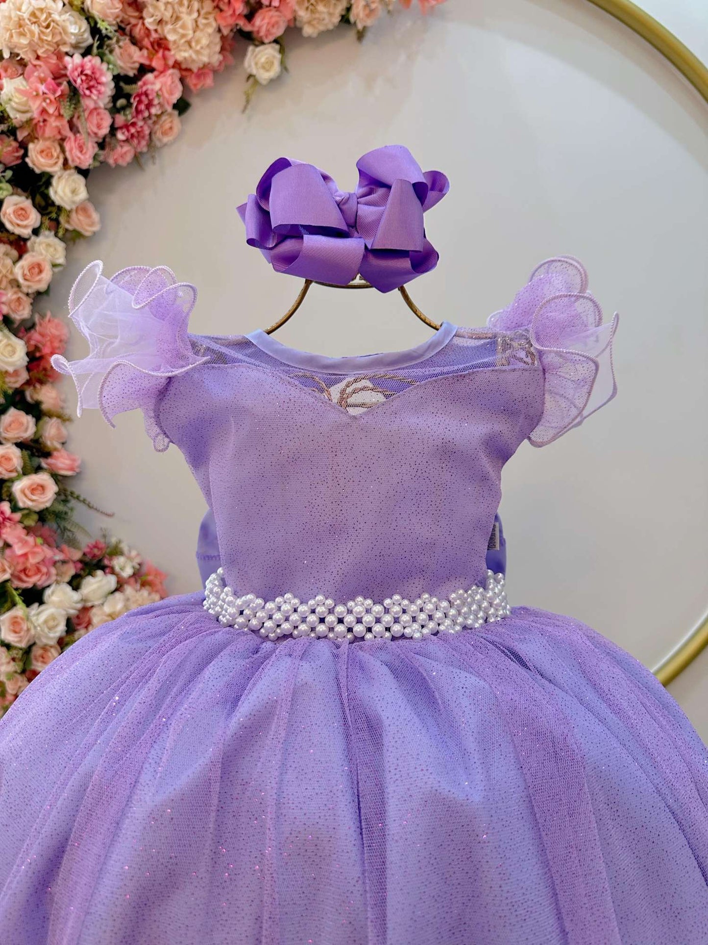 Vestido Infantil Longo Lilás Daminhas de Honra C/ Glitter