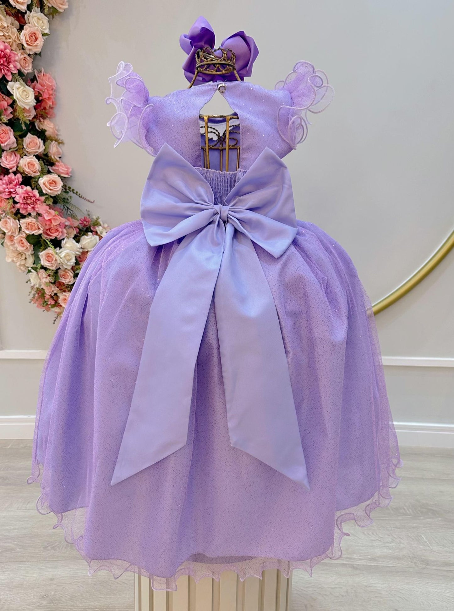Vestido Infantil Longo Lilás Daminhas de Honra C/ Glitter