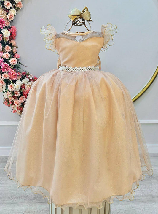 Vestido Infantil Longo Dourado Daminhas de Honra C/ Glitter