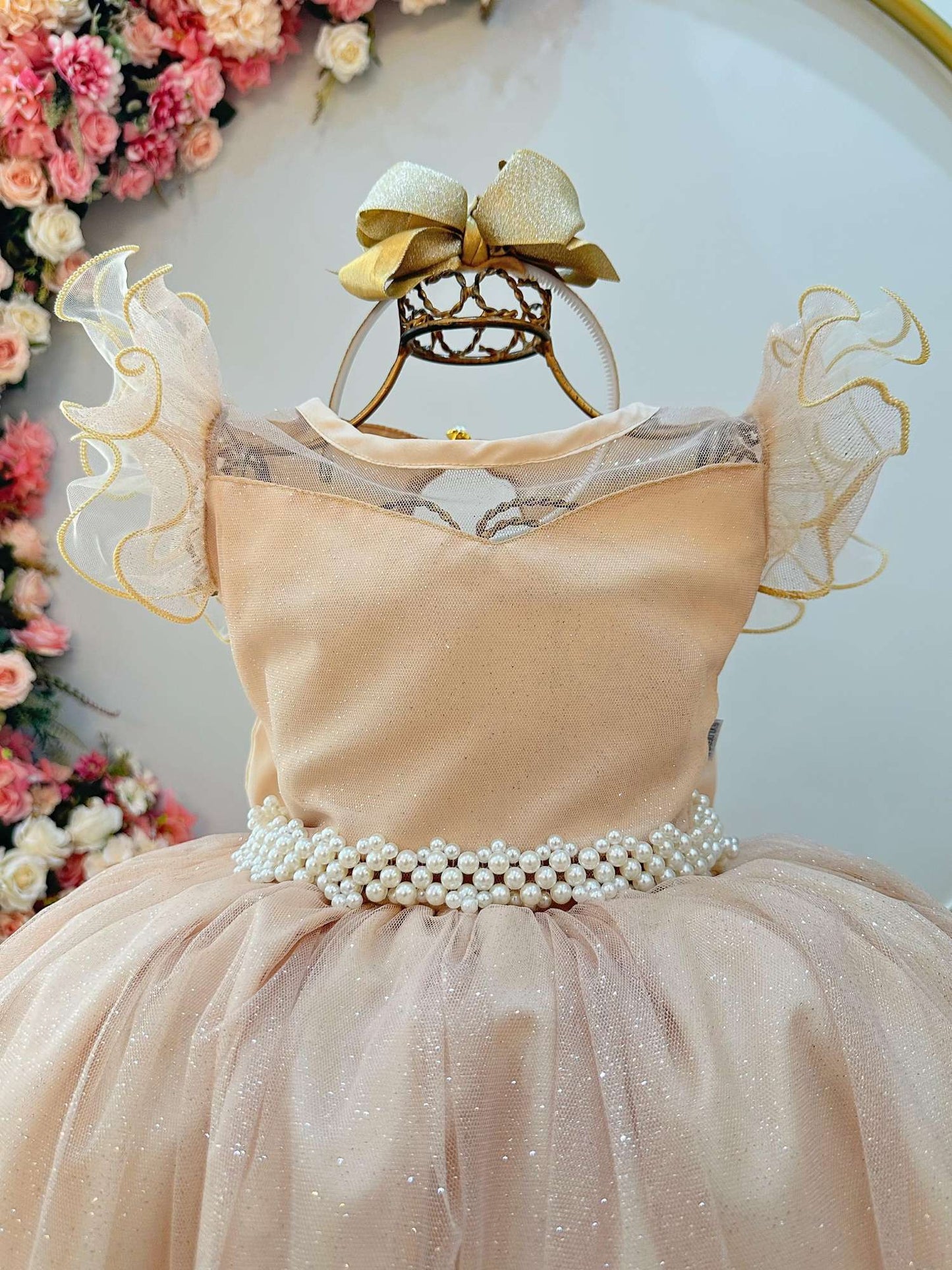 Vestido Infantil Longo Dourado Daminhas de Honra C/ Glitter