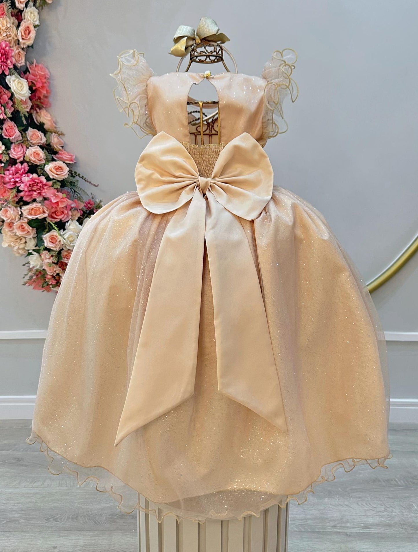 Vestido Infantil Longo Dourado Daminhas de Honra C/ Glitter