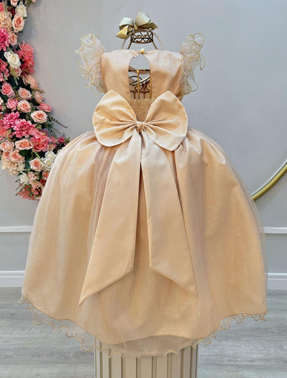 Vestido Infantil Longo Dourado Daminhas de Honra C/ Glitter
