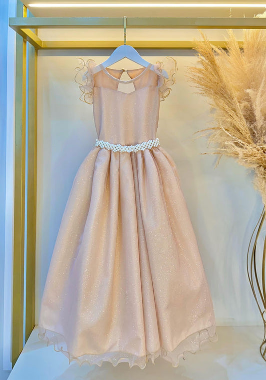 Vestido Infantil Longo Dourado Daminhas de Honra C/ Glitter
