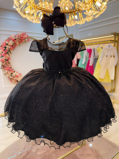 Vestido Infantil Preto Wandinha Saia C/ Glitter Festas