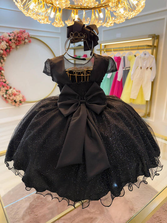 Vestido Infantil Preto Wandinha Saia C/ Glitter Festas