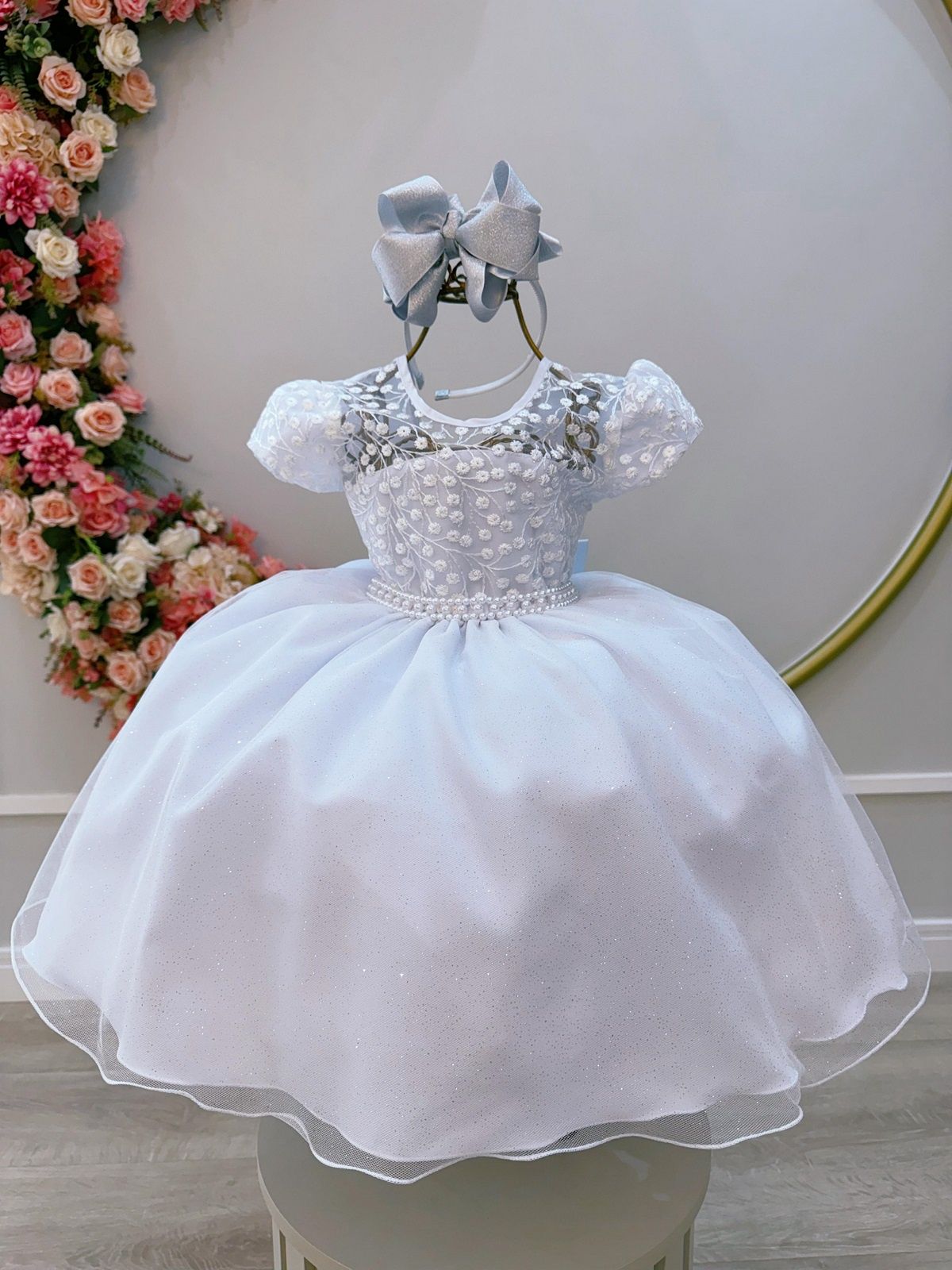 Vestido Infantil Branco Tule Bordado com Glitter Daminhas