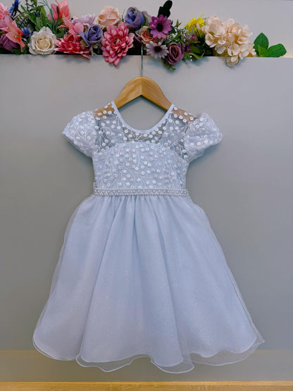 Vestido Infantil Branco Tule Bordado com Glitter Daminhas