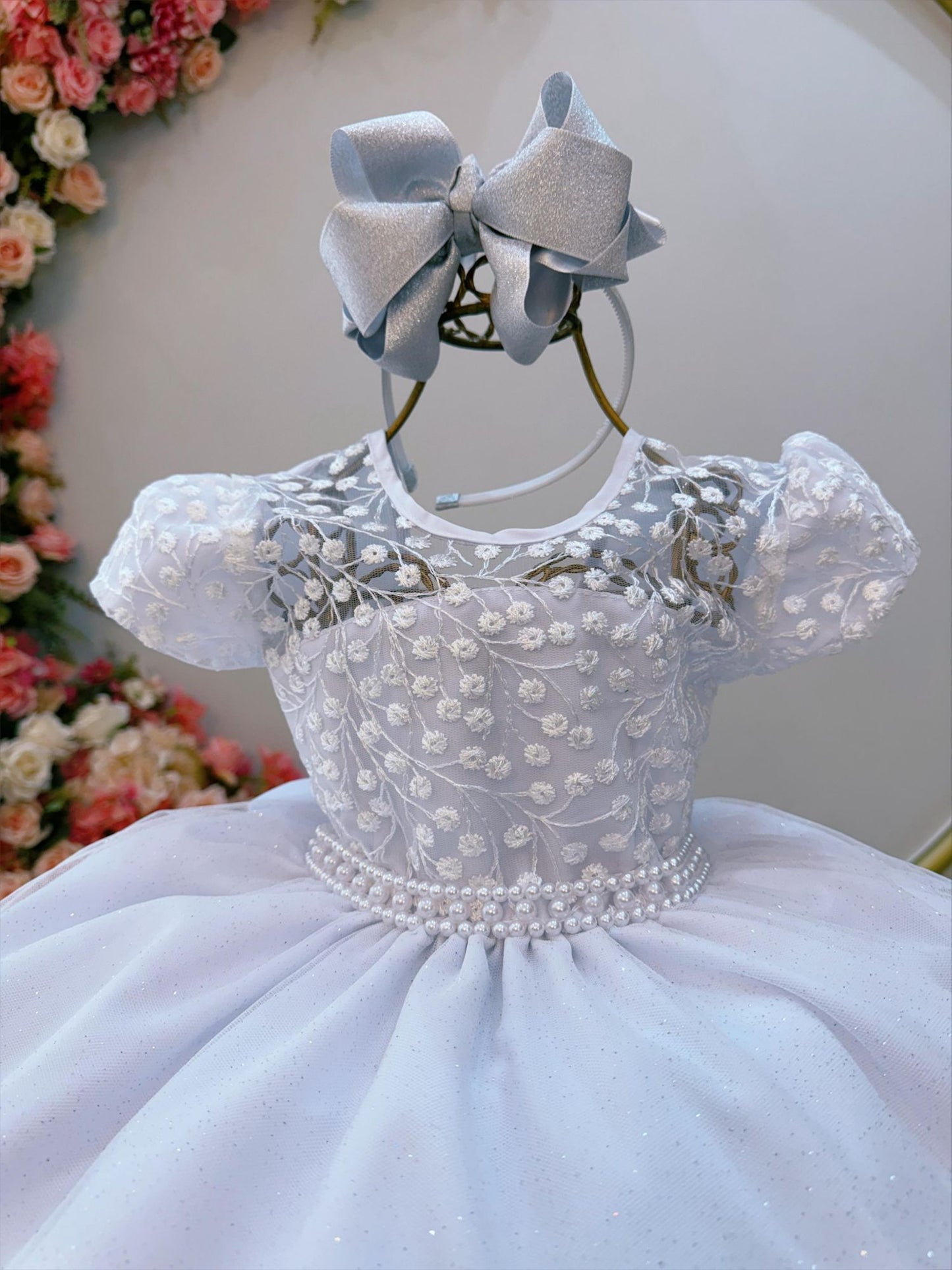 Vestido Infantil Branco Tule Bordado com Glitter Daminhas