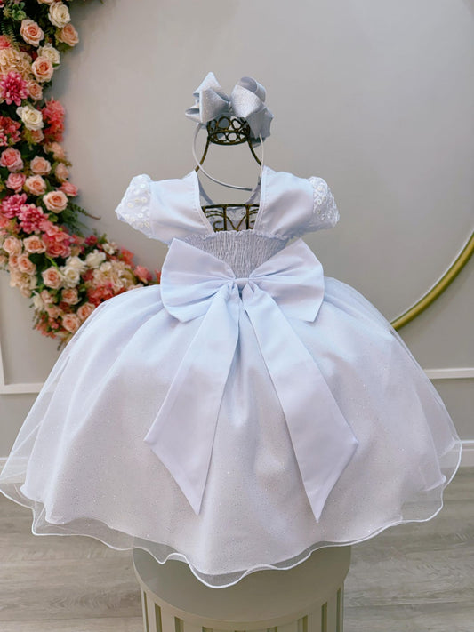 Vestido Infantil Branco Tule Bordado com Glitter Daminhas