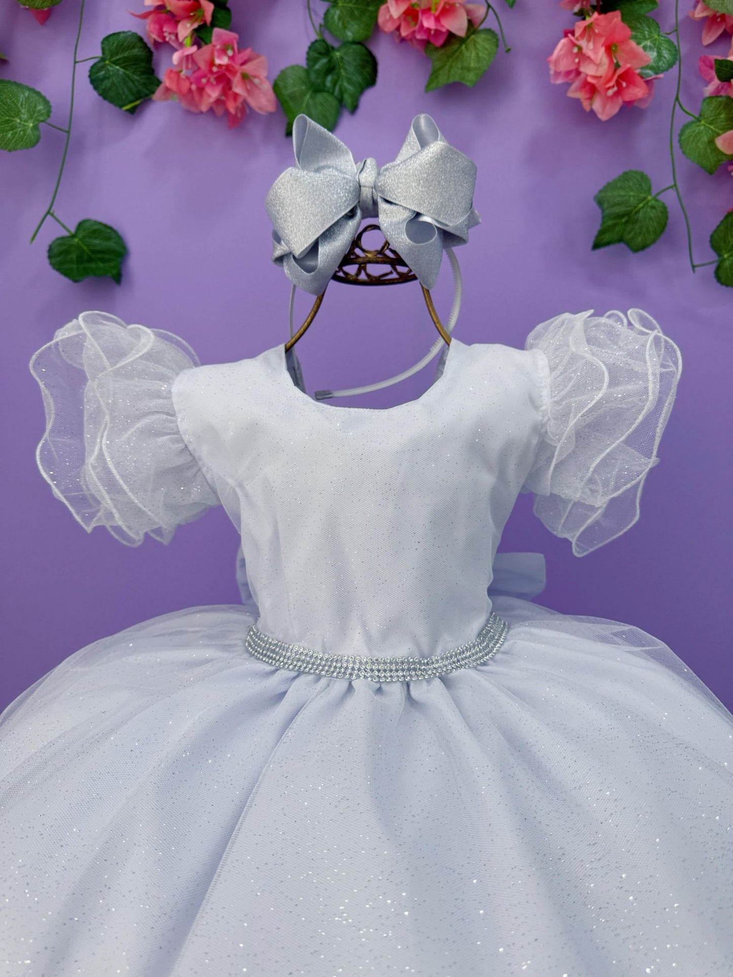 Vestido Infantil Branco Com Glitter Daminhas Festas