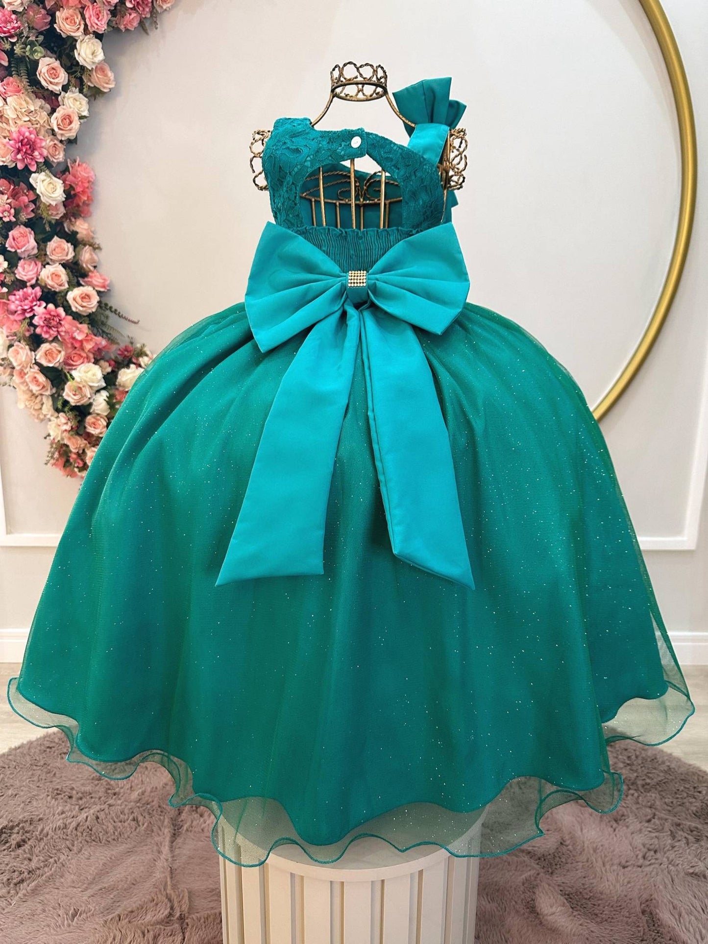 Vestido Infantil Longo Verde Busto Renda Festas Daminhas