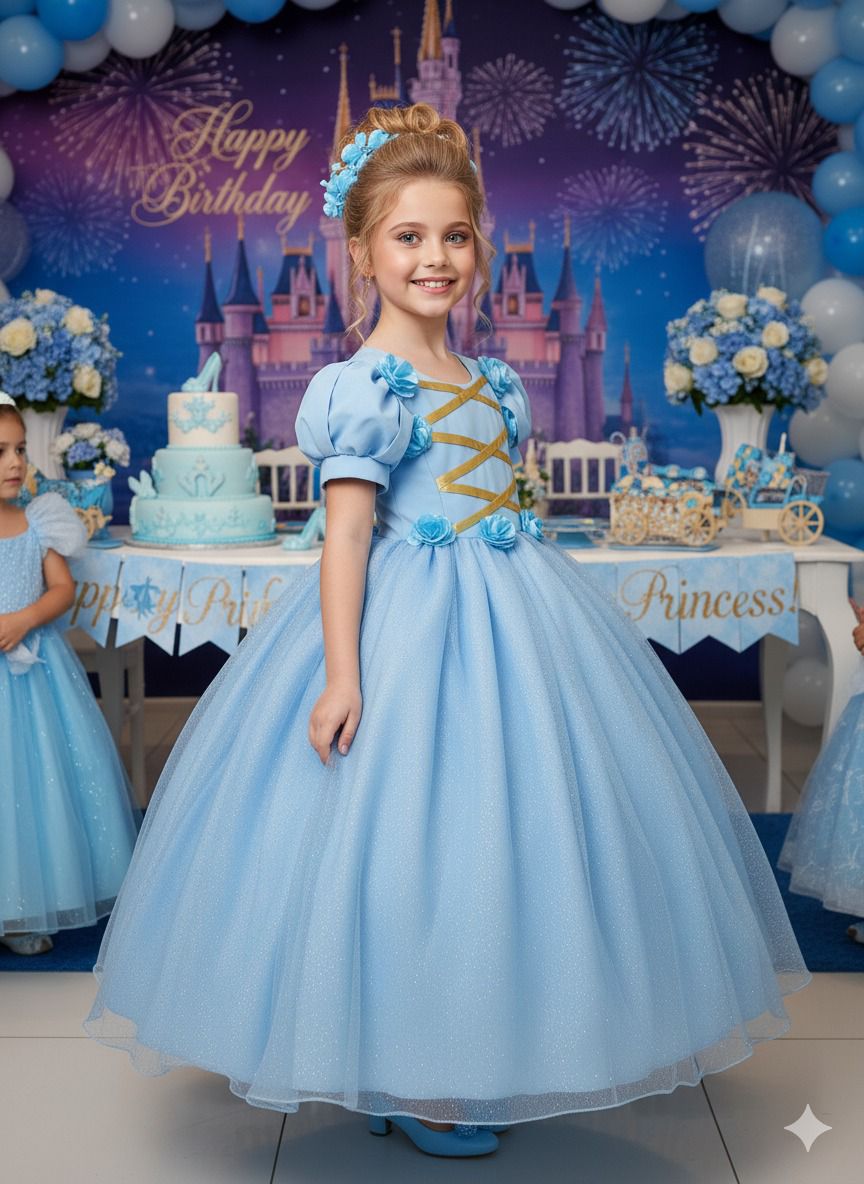 Vestido Fantasia Longo Princesa Azul para Crianças