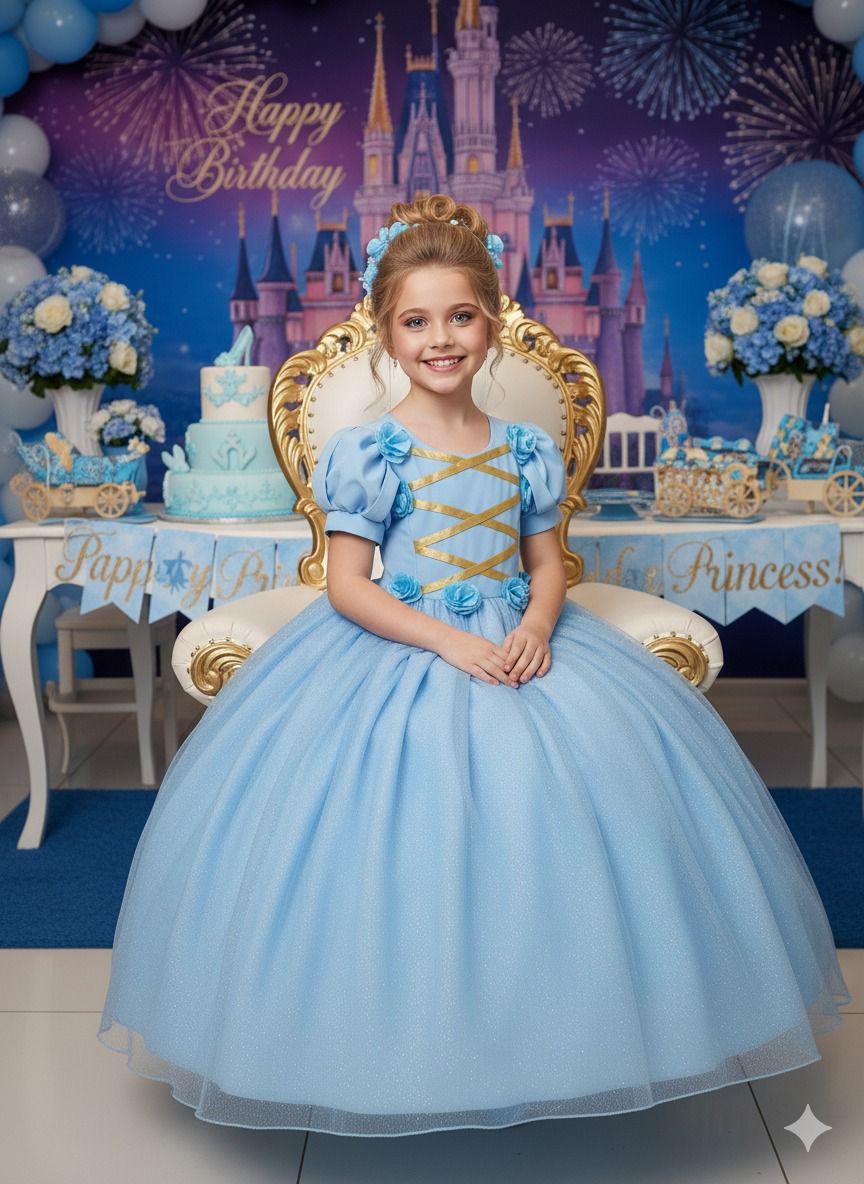 Vestido Fantasia Longo Princesa Azul para Crianças