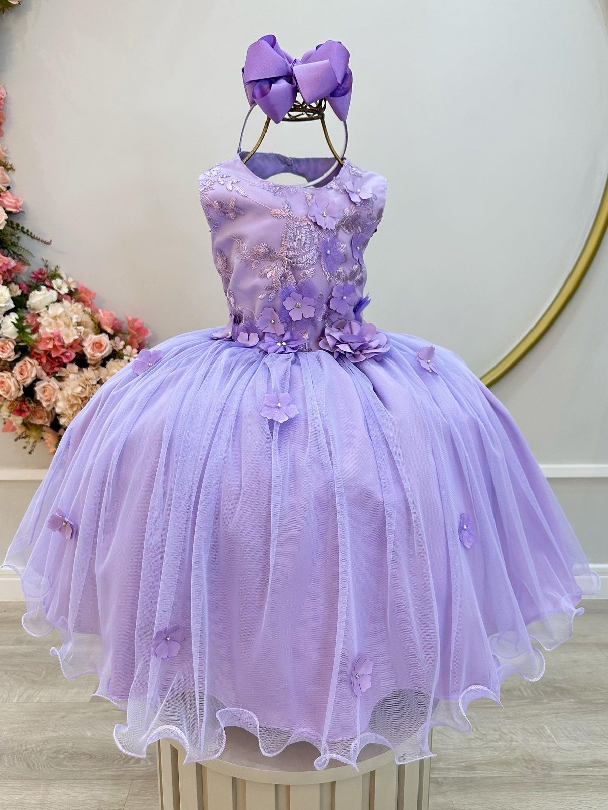 Vestido Infantil Lilás C/ Renda e Aplique de Flores Daminha