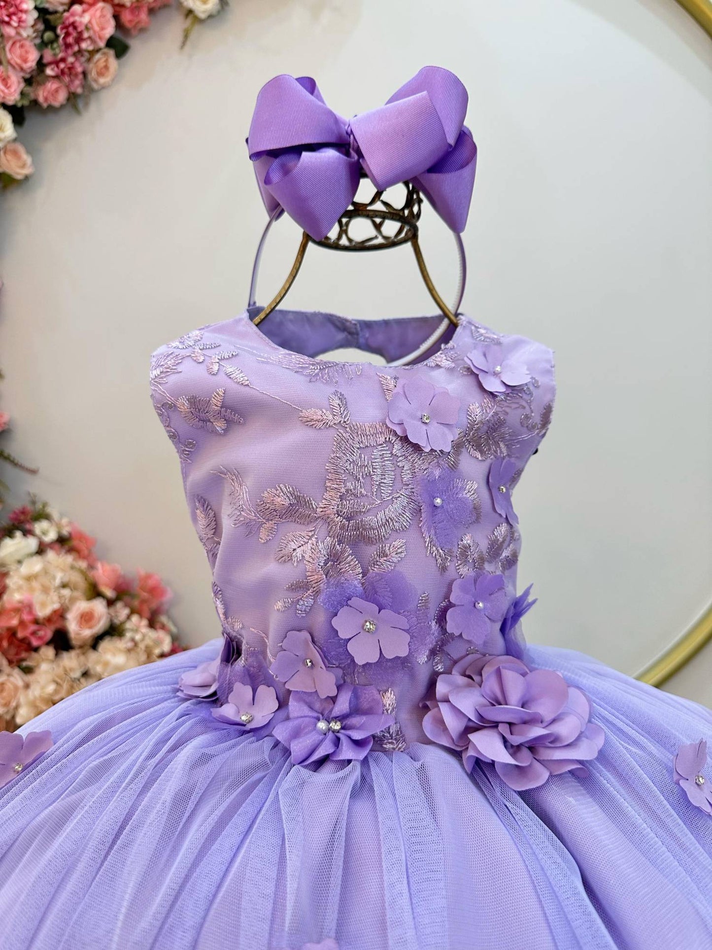 Vestido Infantil Lilás C/ Renda e Aplique de Flores Daminha