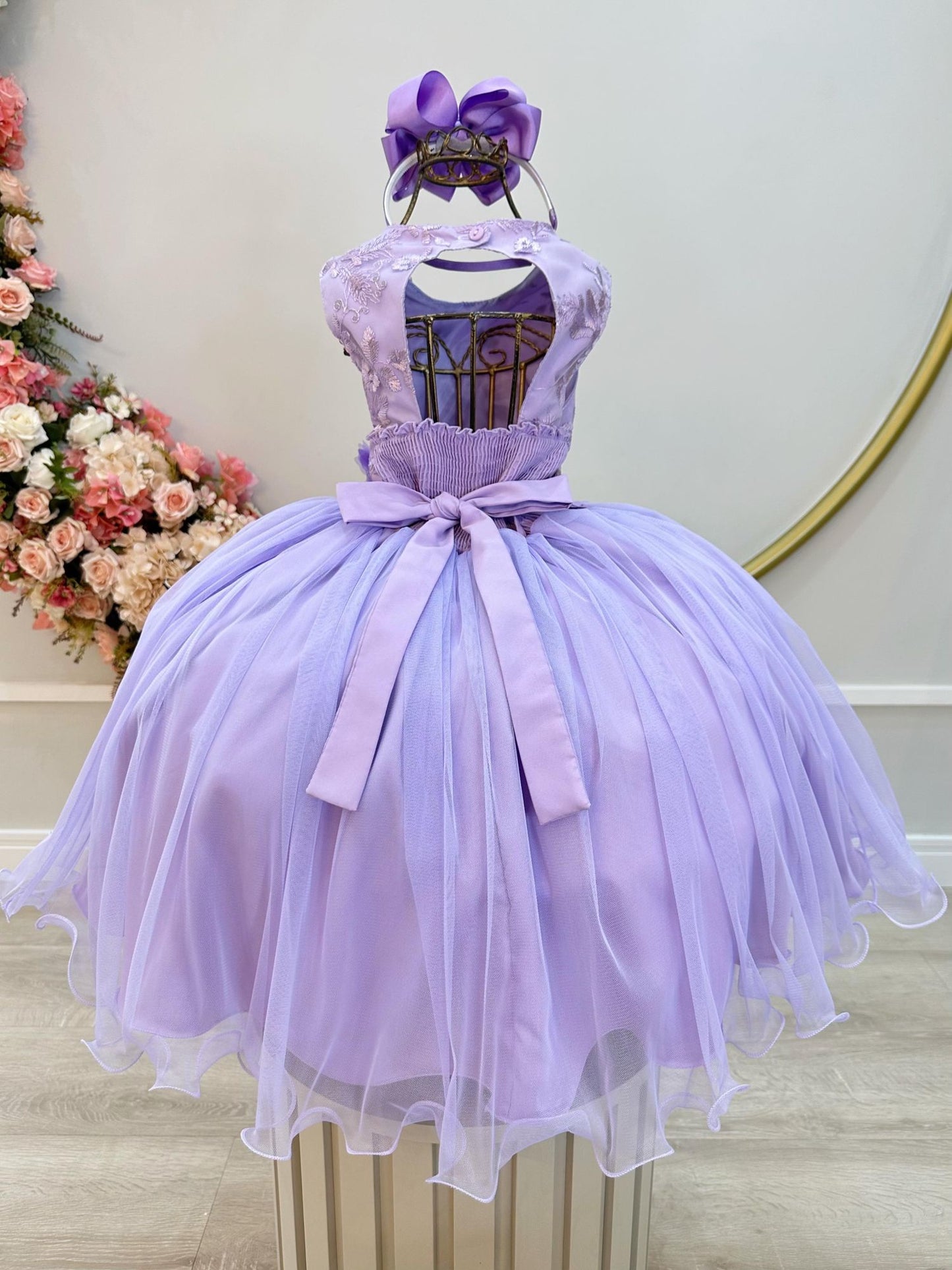 Vestido Infantil Lilás C/ Renda e Aplique de Flores Daminha