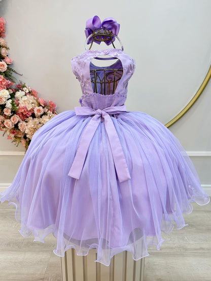 Vestido Infantil Lilás C/ Renda e Aplique de Flores Daminha
