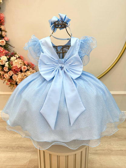 Vestido Infantil Princesa Frozen Elza Anna Azul Claro Festas