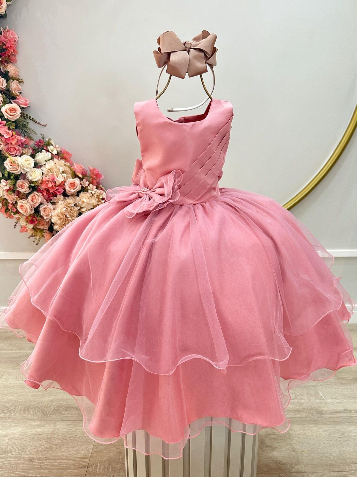 Vestido Infantil Rose Busto Drapeado Aplique Laço Damas
