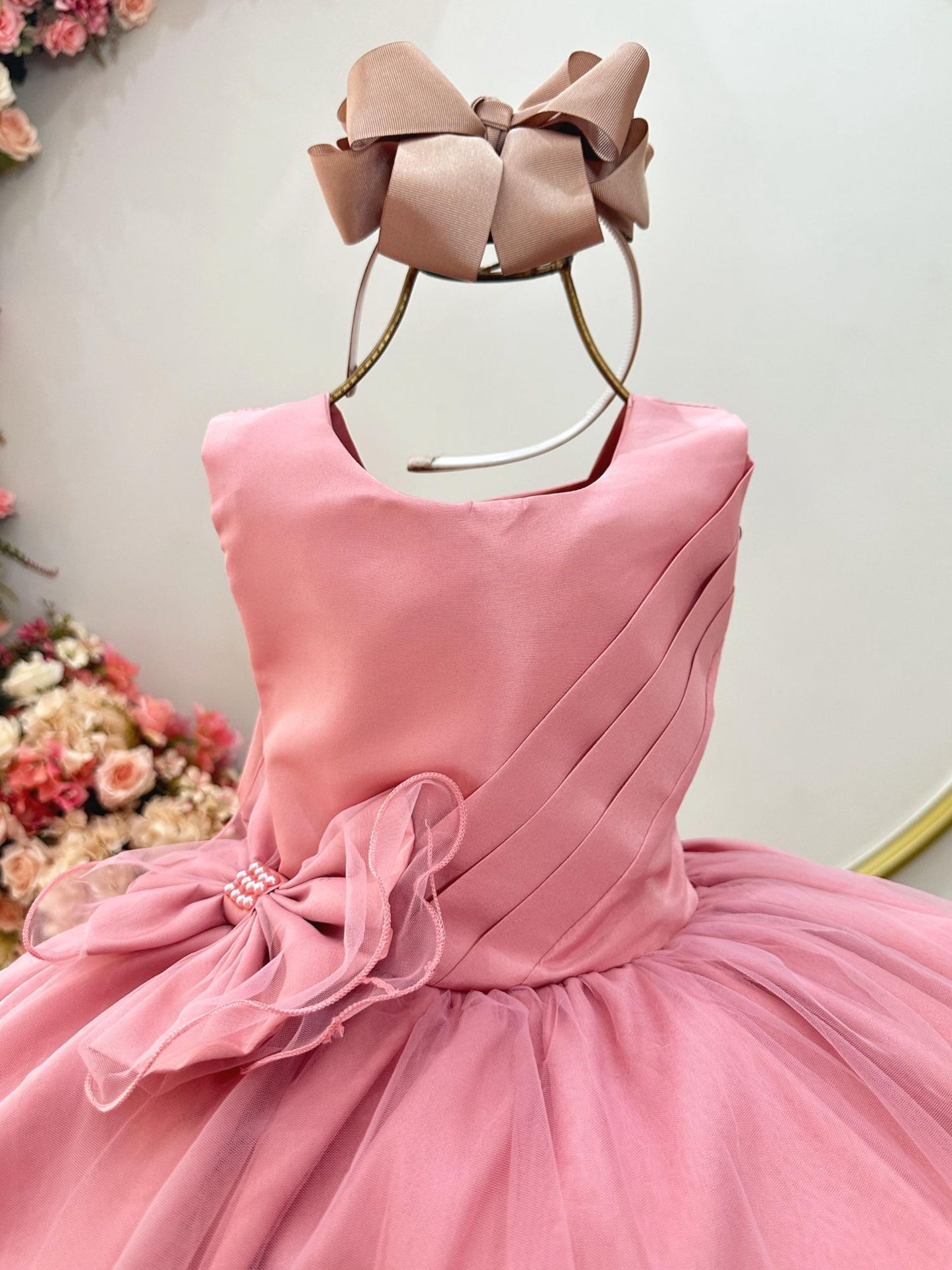 Vestido Infantil Rose Busto Drapeado Aplique Laço Damas