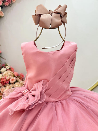 Vestido Infantil Rose Busto Drapeado Aplique Laço Damas