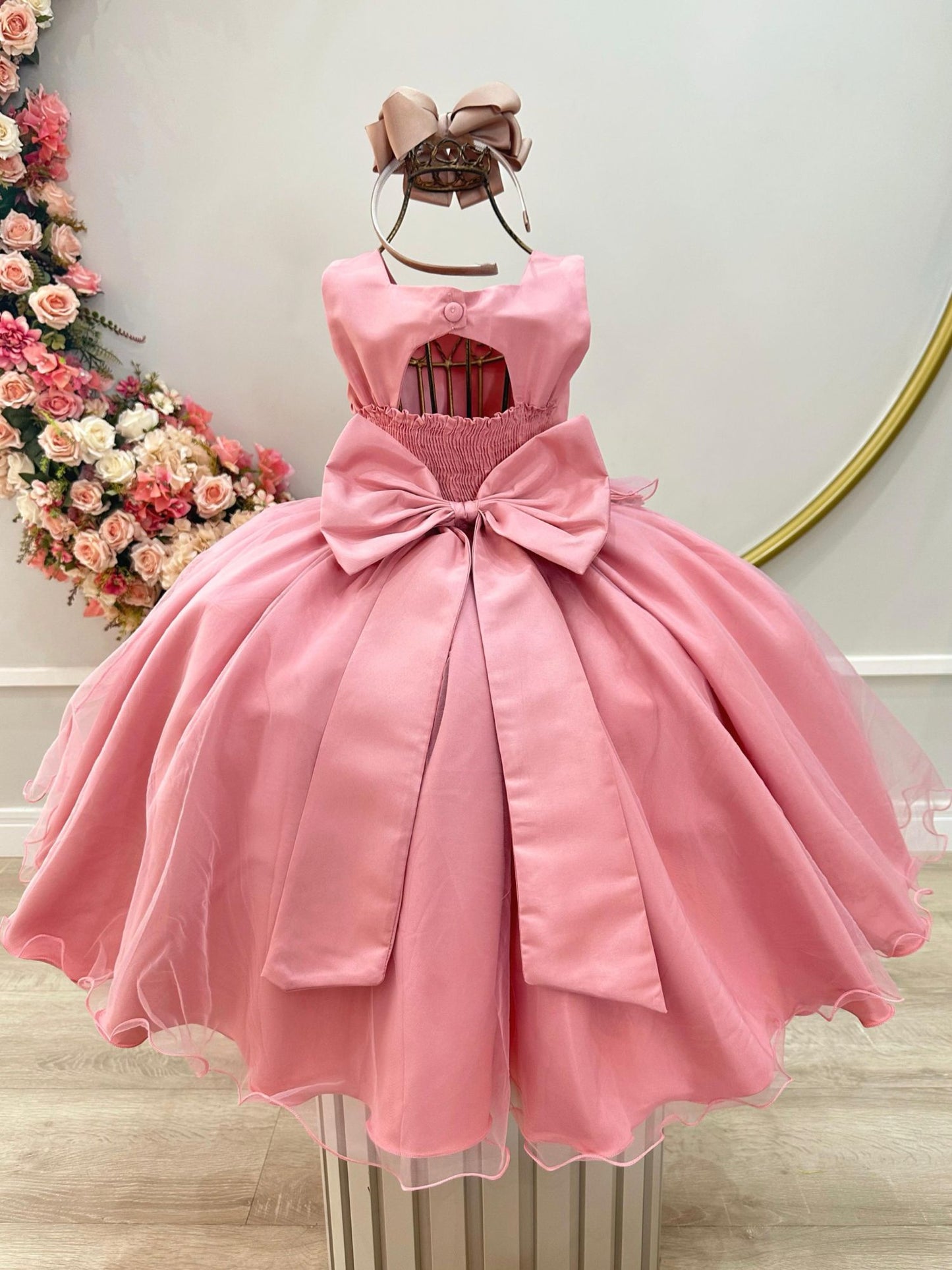 Vestido Infantil Rose Busto Drapeado Aplique Laço Damas