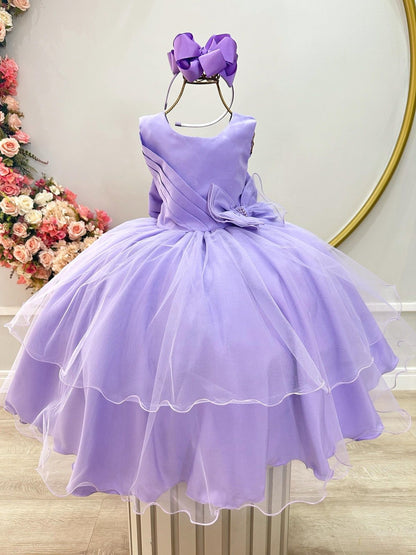 Vestido Infantil Lilás Busto Drapeado Aplique Laço Damas