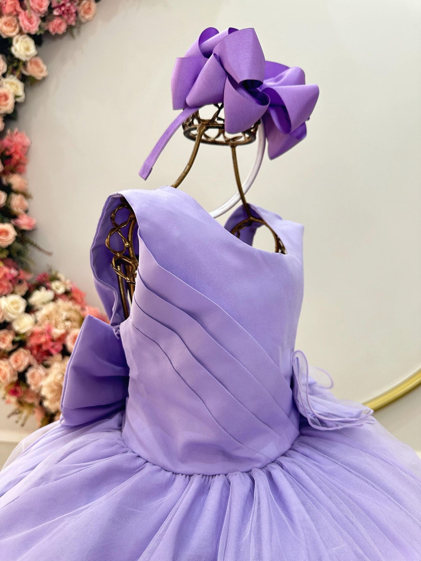 Vestido Infantil Lilás Busto Drapeado Aplique Laço Damas