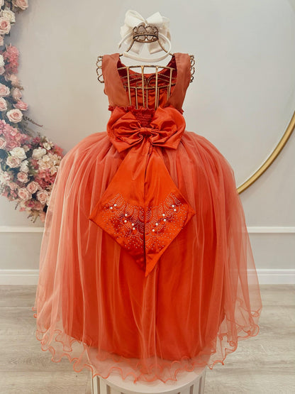 Vestido Infantil Damas de Honra Longo Terracota Strass Pérolas