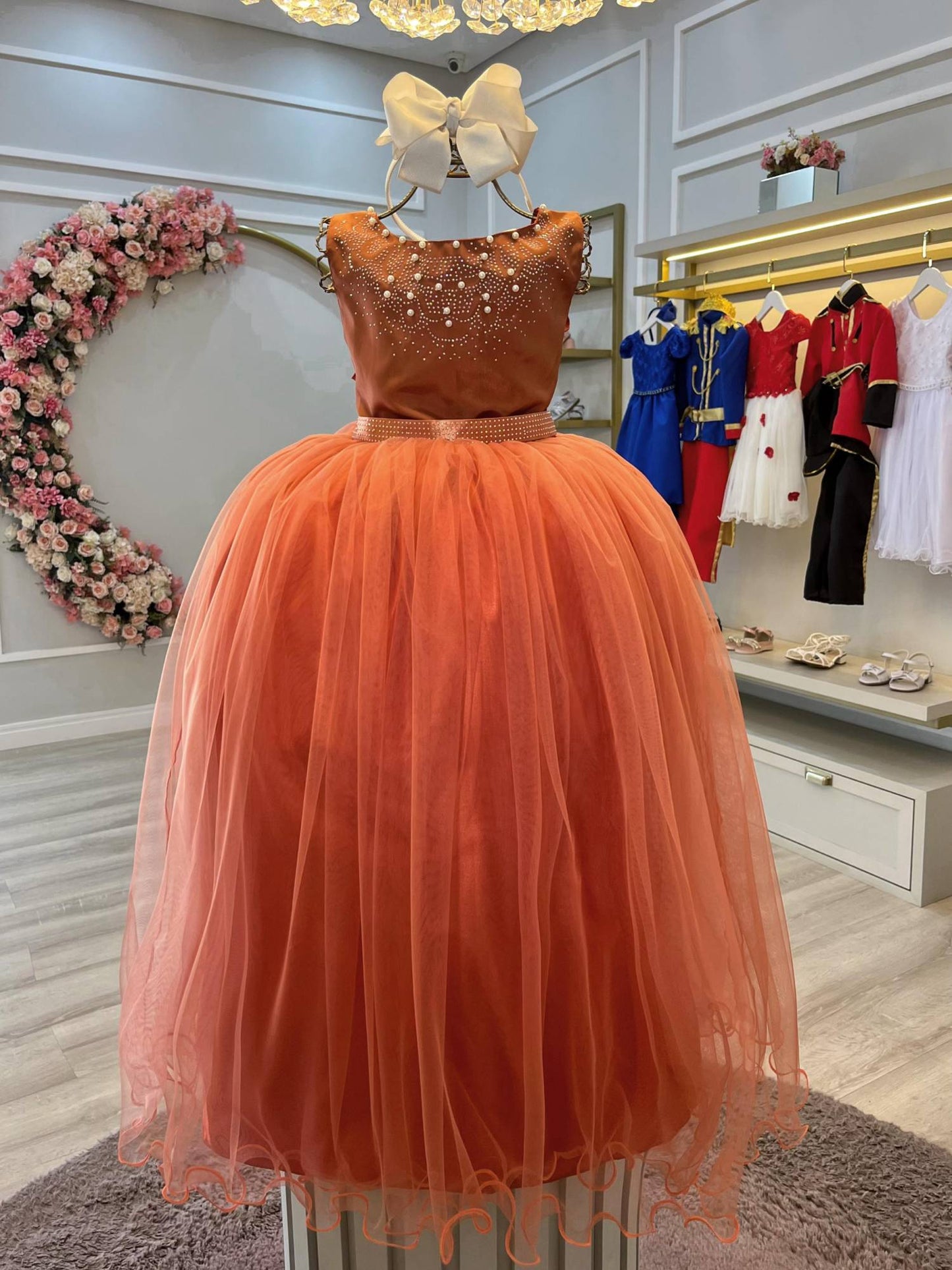 Vestido Infantil Damas de Honra Longo Terracota Strass Pérolas
