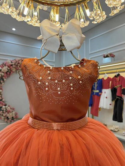 Vestido Infantil Damas de Honra Longo Terracota Strass Pérolas