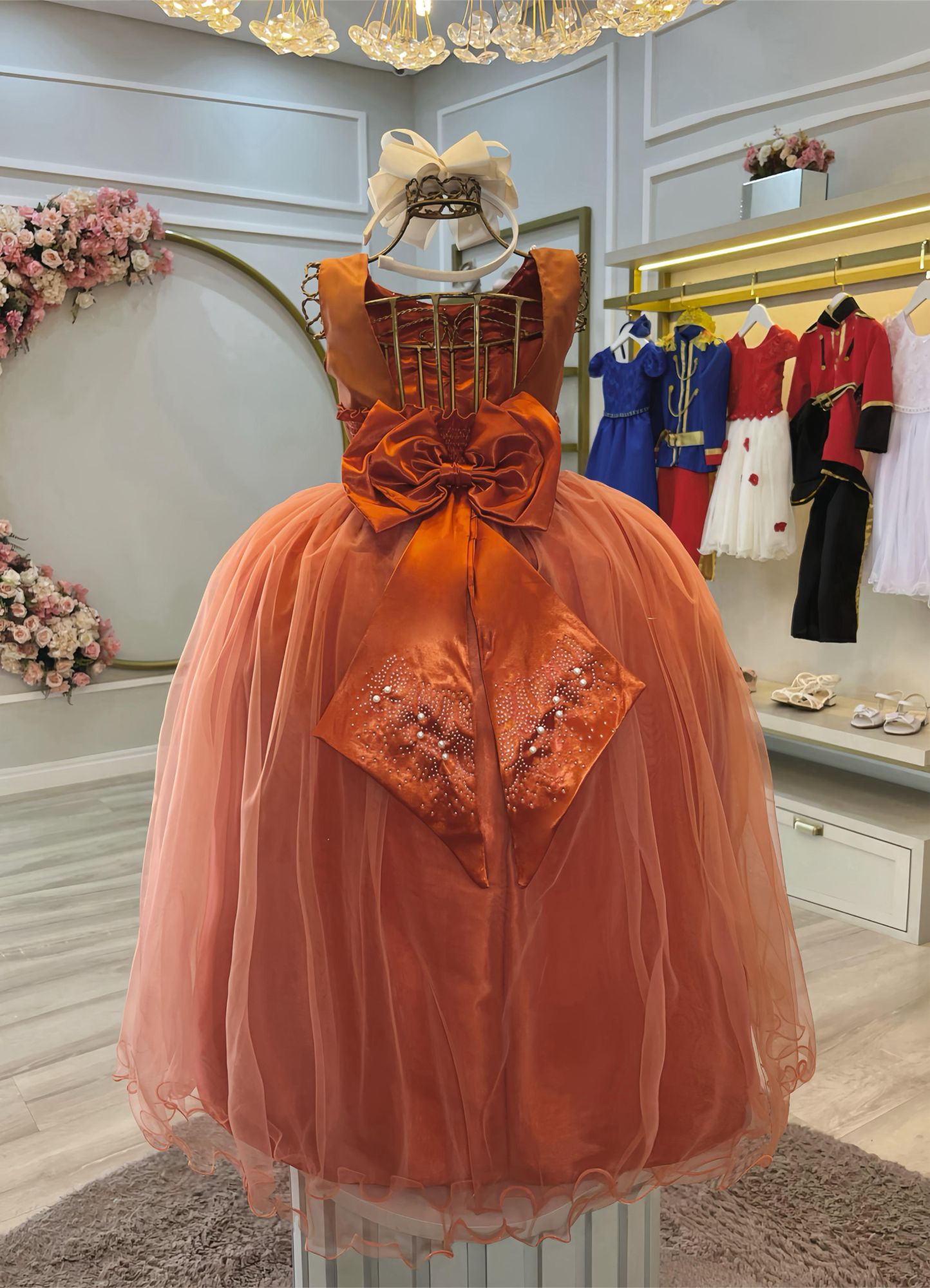 Vestido Infantil Damas de Honra Longo Terracota Strass Pérolas