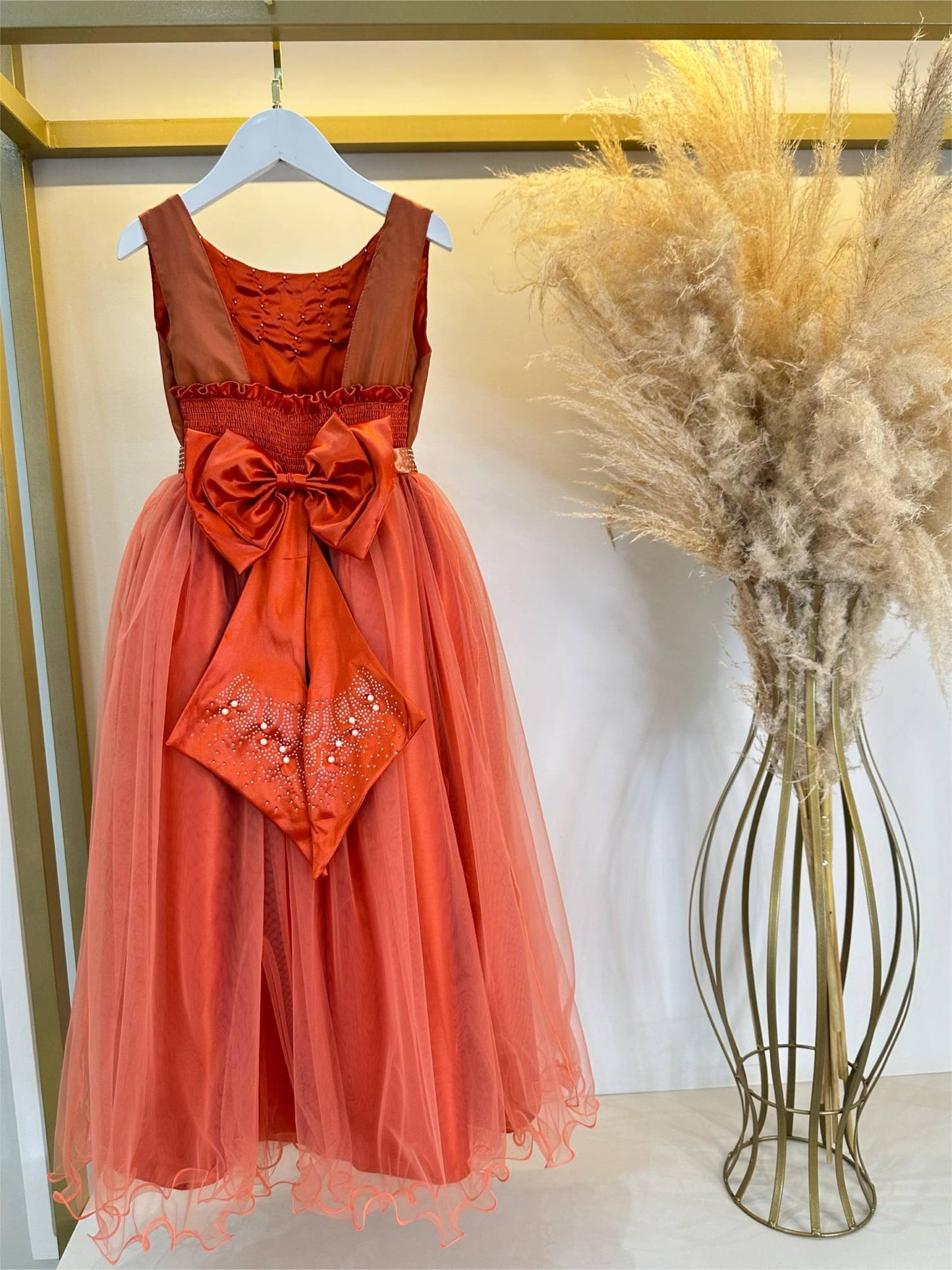 Vestido Infantil Damas de Honra Longo Terracota Strass Pérolas