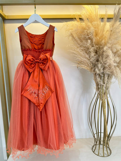 Vestido Infantil Damas de Honra Longo Terracota Strass Pérolas