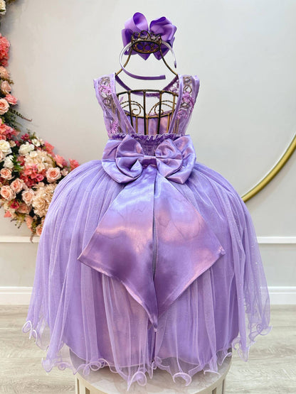 Vestido Infantil Lilás Renda Metalizada Tule C/ Brilho Damas