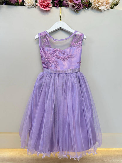 Vestido Infantil Lilás Renda Metalizada Tule C/ Brilho Damas