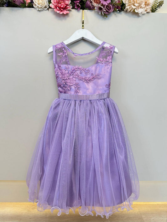 Vestido Infantil Lilás Renda Metalizada Tule C/ Brilho Damas