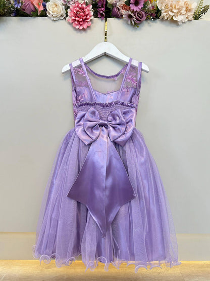 Vestido Infantil Lilás Renda Metalizada Tule C/ Brilho Damas